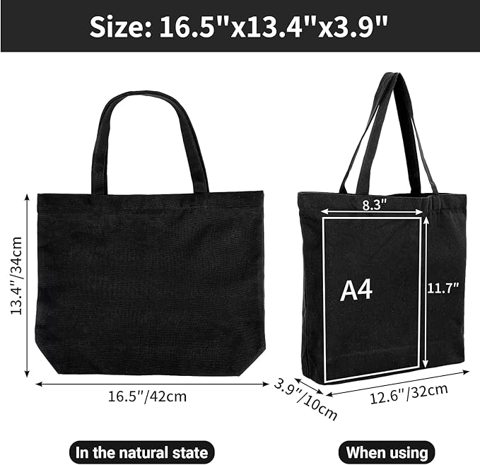 Segarty Black Canvas Tote Bag, 3 Packs 16x15 inch Canvas Bags with Zipper, 12Oz Heavy Duty Reusable Washable Grocery Shopping Bag with Handle, Blank Cotton Bags for Kids DIY Crafts Painting Bulk