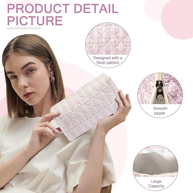 Gosect Floral Makeup Bag, Cute Cosmetic Bag for Women Girls, Quilted Cotton Make up Pouch, Travel Makeup Bags, Portable Storage Toiletry Organizer Bag(Pink Floral)