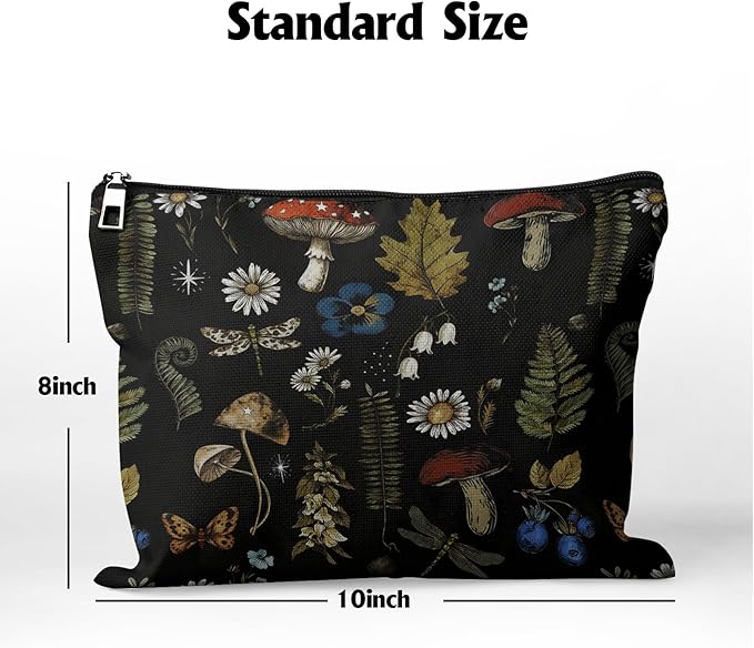 Cafl Vintage Woodland Makeup Bag Travel Large Mushroom Fern Cosmetic Bag Organizer toiletry Essentials Jewelry Skincare Zipper Bag For Women -10×8 inch