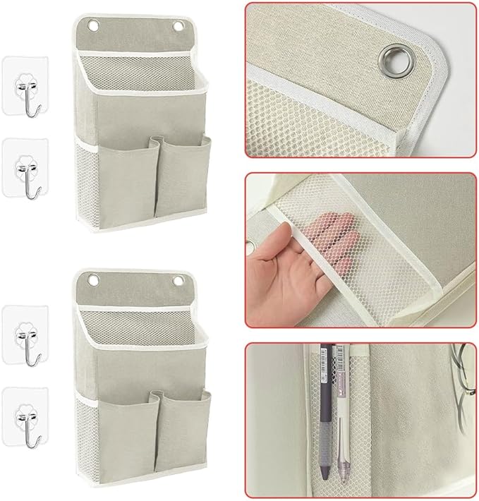Tiiyee 2 Pack Wall Hanging Storage Bag, Wall Hanging Organizer Bag, Hanging Storage Basket with Pockets Sticky Hook Waterproof Bin Foldable Linen Fabric Basket for Bathroom Bedroom Office Home Kitchen