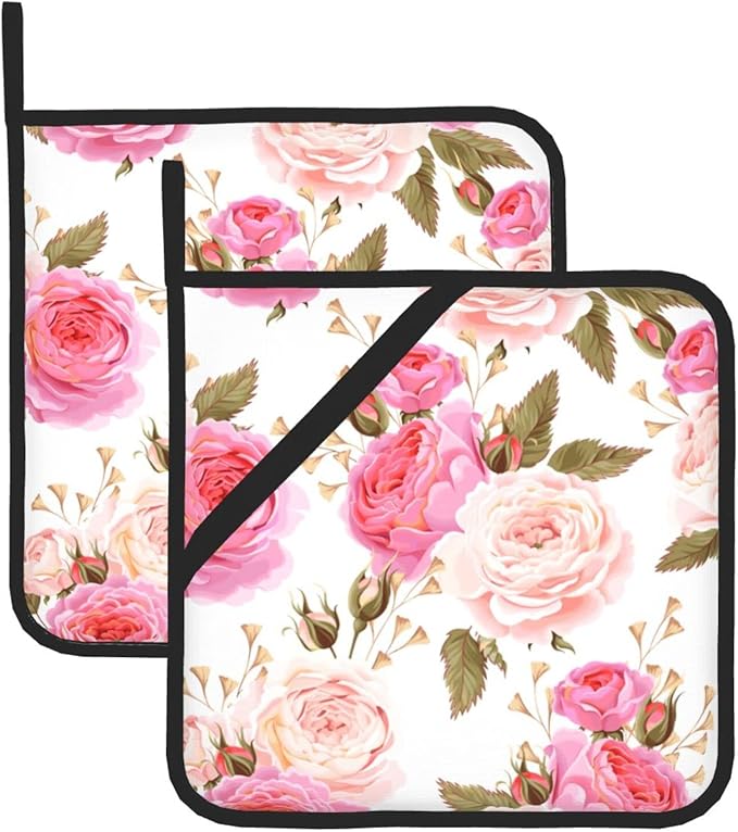 Elegant Hanging Oven Pads and Pot Holders Set, Pink Roses Kitchen Heat Resistant and Non-Slip Potholder with Loop for Cooking BBQ Kitchen Set of 2
