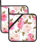 Elegant Hanging Oven Pads and Pot Holders Set, Pink Roses Kitchen Heat Resistant and Non-Slip Potholder with Loop for Cooking BBQ Kitchen Set of 2