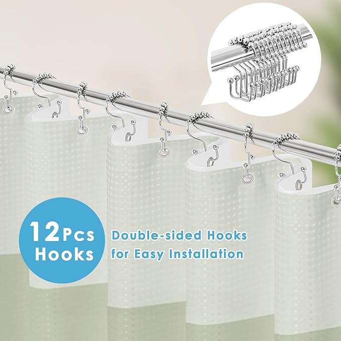 Nesphy Shower Curtain and Liner, Sage Green Ombre Striped 3 in 1 Shower Curtain and PEVA Liner Set with 12 Rust-Resistant Metal Hooks, Waterproof Fabric Shower Curtains for Bathroom, 72 W x 72 H