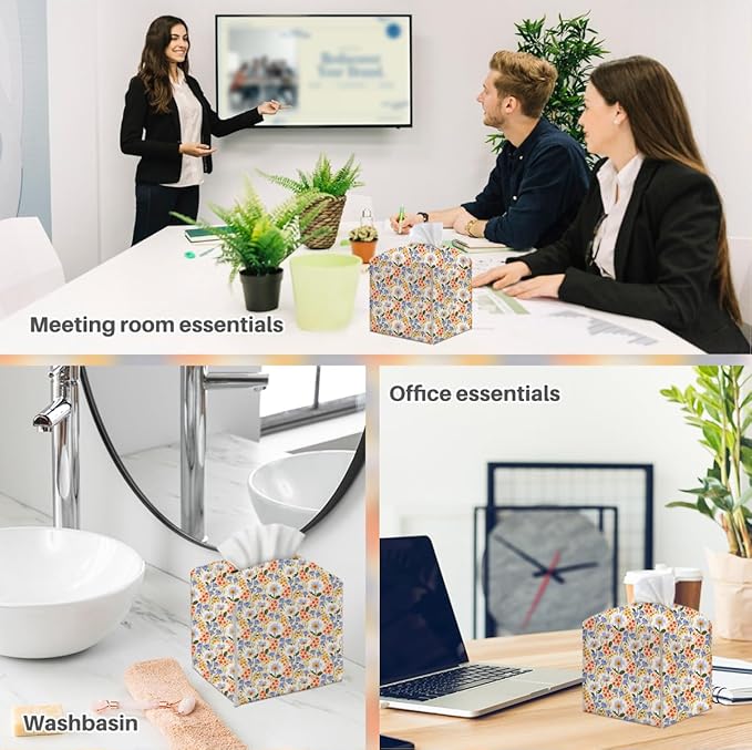 Tissue Box Cover, Tissue Box Holder, Square with Belt Bottom, PU Leather Decorative Organizer for Desk, Tabletop, Countertop Bathroom, Toilet Car, Office, Dresser Bedside, Aesthetic Flower Decor