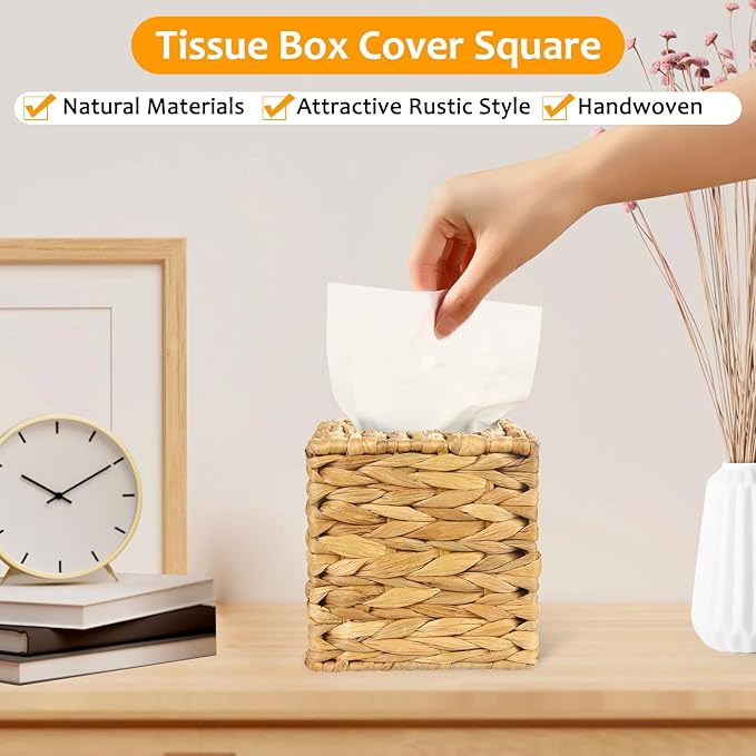 4 Pack Water Hyacinth Tissue Box Cover – Handwoven Rattan Square Holder, Natural Boho Decorative Organizer for Facial Tissues in Bathroom, Living Room, Bedroom & Office