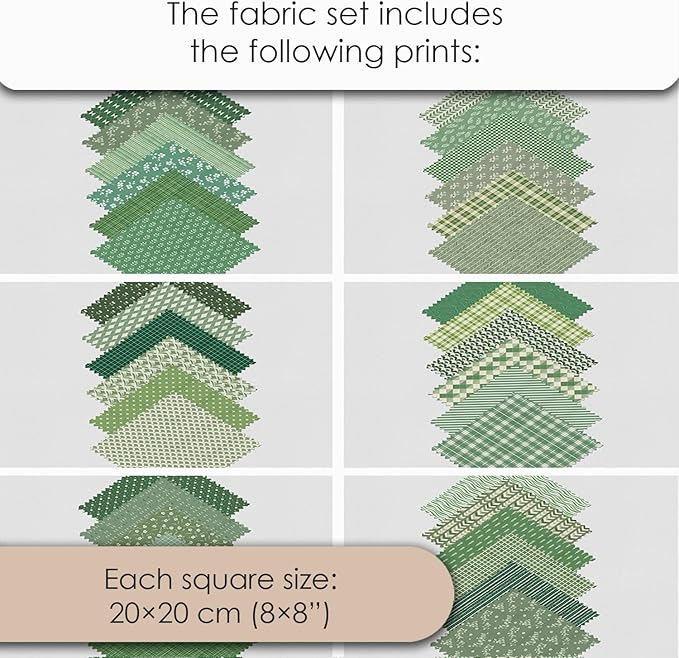 Cotton Satin Patchwork Fabric Panel – 35 Designs, 20×20 cm Squares, Single Piece 150×110 cm, Green Patchwork Quilt Fabric (Olive Garden Patchwork Set, 35pcs 8x8 inch)