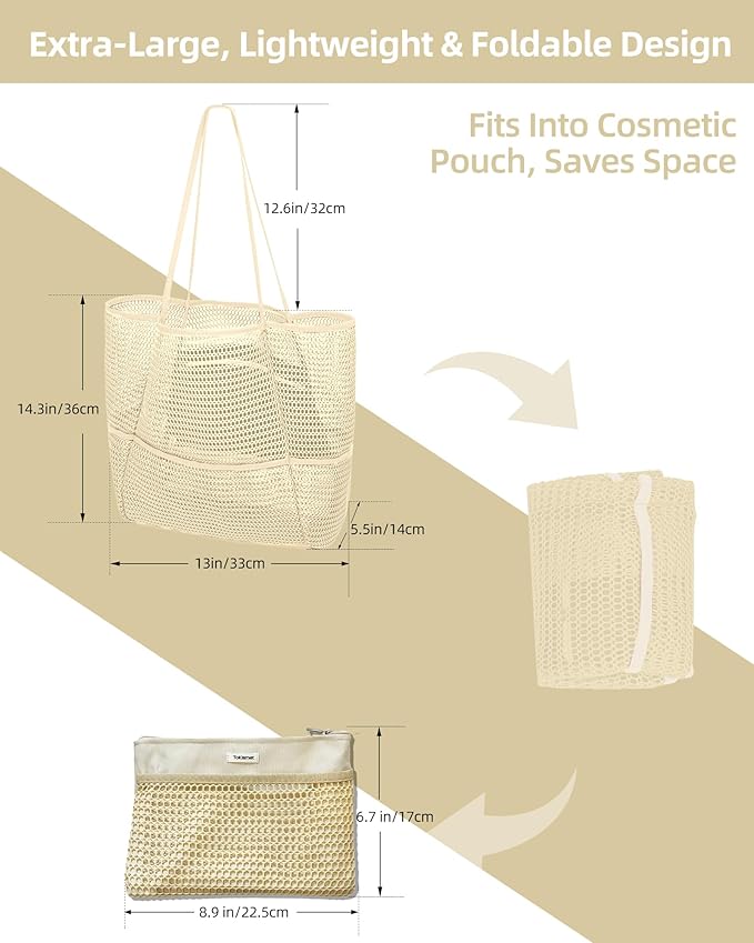 ToKismet Mesh Beach Tote Bag Packable,2026 New 2-in-1 Large Lightweight Foldable Beach Bags with Multiple Pockets for Women