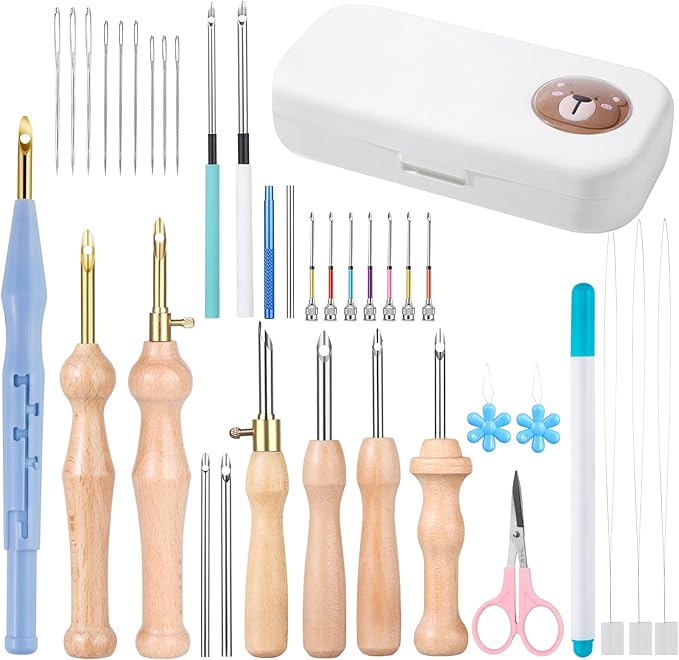 37Pcs Punch Needle Embroidery Kit - Complete for Needle Punching - Includes Punch Needle Tools in Various Sizes,Perfect for Crafting&Gift(White)