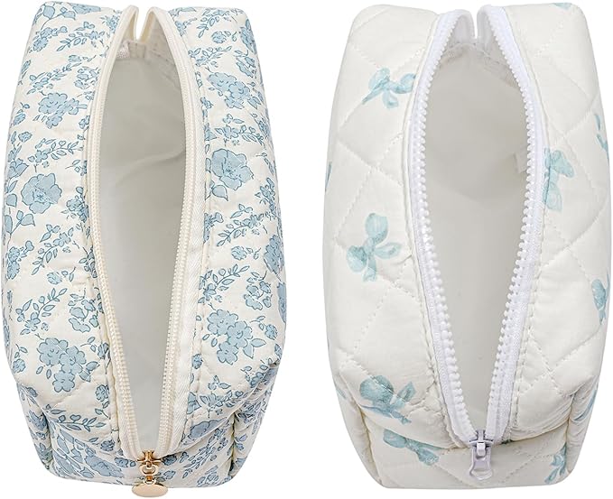 Gleyemor 2 Pieces Quilted Makeup Bag, Cute Floral Cosmetic Bag for Women, Cotton Make Up Bag Set, Flower Travel Toiletry Bag Tote Bag Organizer (Blue Floral+ Blue Bowknot)