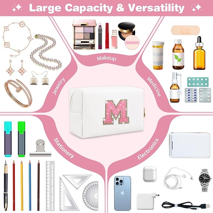 Small Initial Patch Makeup Bag Personalized Gifts Make Up Bag,White Cute PU Leather Glitter Letter Cosmetic Bag with Zipper,Trendy Portable Travel Toiletry Pouch,Preppy Stuff for Teen Girls Women M