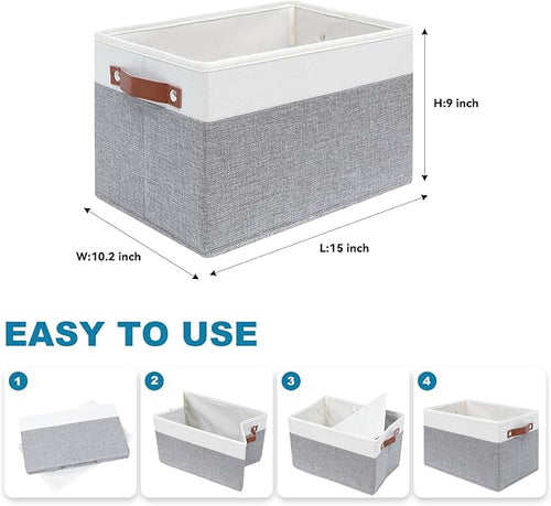 6 Pack Fabric Storage Baskets for Shelves, Closet Storage Bins for Shelves, Fabric Baskets for Organizing with Handles for Home and Office (White with Grey,15"L*10.2"W*9"H)