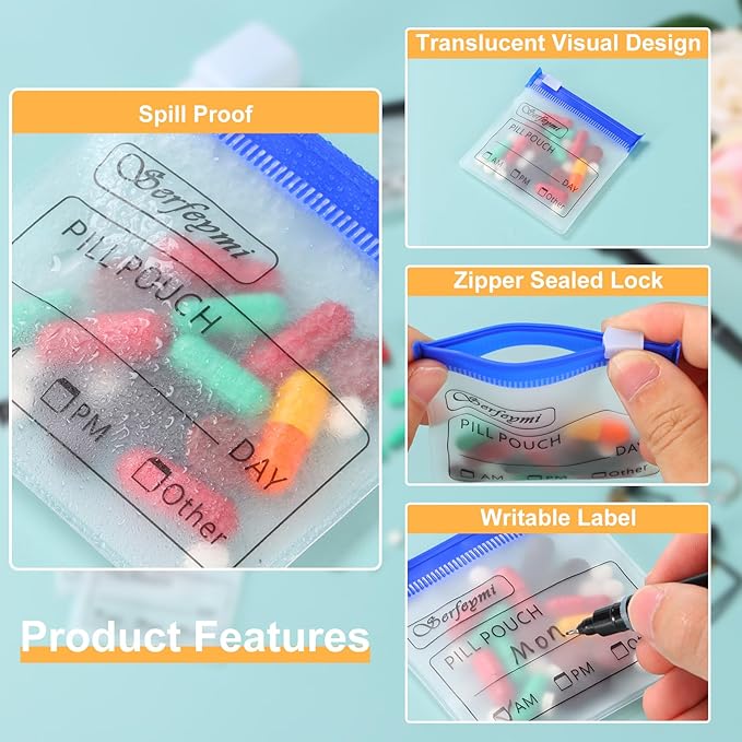 Serfeymi 72 Pcs Pill Pouch Bags for Travel Reusable Plastic Bags 3"x3" 12 mil (Double Sided) Translucent Zipper Pill Pouches for Medicine with Slide Lock & Writable Label, 1x Marker-Blue+Yellow