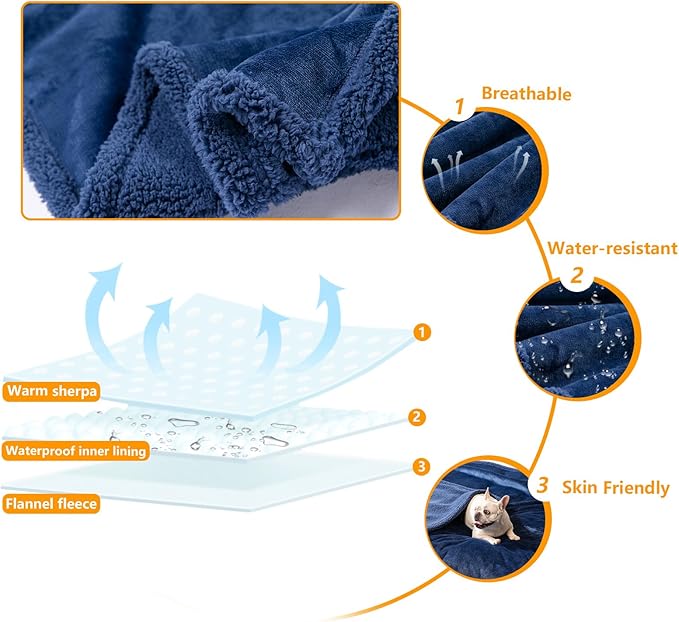 Maidewow Navy Blue Dog Blanket for Pets Reversible Fluffy Pet Bed Cover Mats Waterproof Puppy Blankets Leakproof Sofa Couch Washable Cover Cat Pet Blanket for Warm-Navy Blue,M
