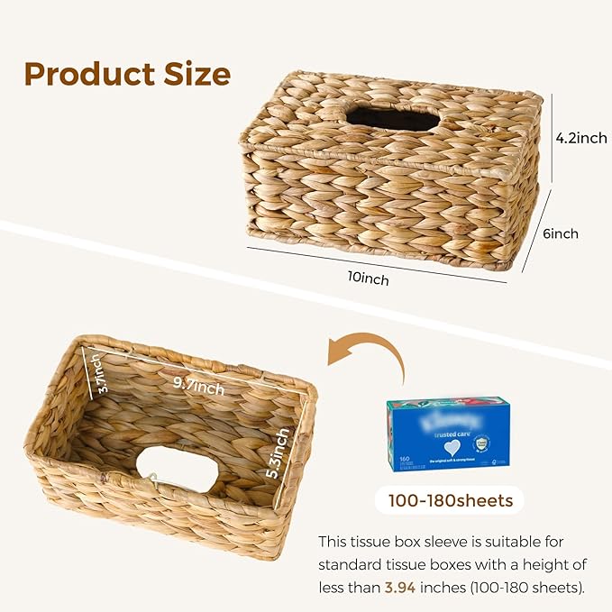 KALEKAIL Rectangular Tissue Box Cover Compatible with 100-180 Sheets of Kleenex Water Hyacinth Rectangle Tissue Box Rattan Tissue Box Holder Rectangular, Hand Woven Wicker Tissue Holder
