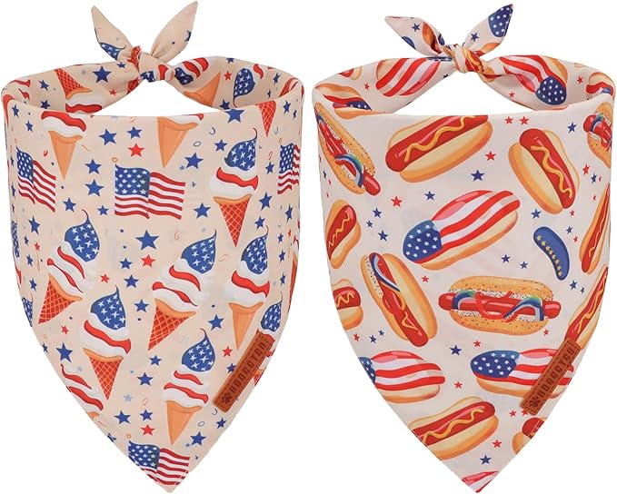 ADOGGYGO American Flag Dog Bandana, Ice Cream Hamburg Flag Pet Scarf, Premium Durable Fabric, Patriotic 4th of July Bandanas for Extra Large Dogs Pets (X-Large)