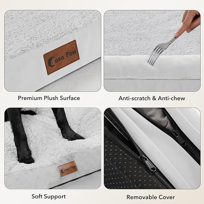 Casa Paw Orthopedic Dog Beds for Large Sized Dogs, Waterproof Egg Crate Foam Large Dog Couch Beds with Comfy Bolster 36x27Inch, Washable Pet Beds with Removable Cover and Nonskid Bottom, Grey White