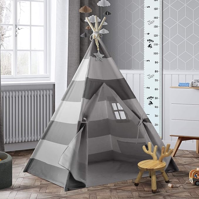 Teepee Tent for Kids Boys Indoor Play Teepee Tent for Boy Grey Stripe Teepee Kids Tent Indoor for Children Nursery Decor, Foldable Teepee for Boys & Girls Birthday Gift