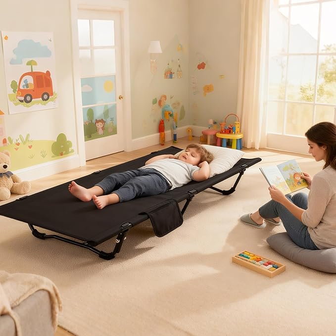 REDCAMP Kids Cot for Sleeping 2-7 Years, Portable Travel Toddler Cot Bed with Carry Bag, Lightweight for Outdoor Indoor Home, Black