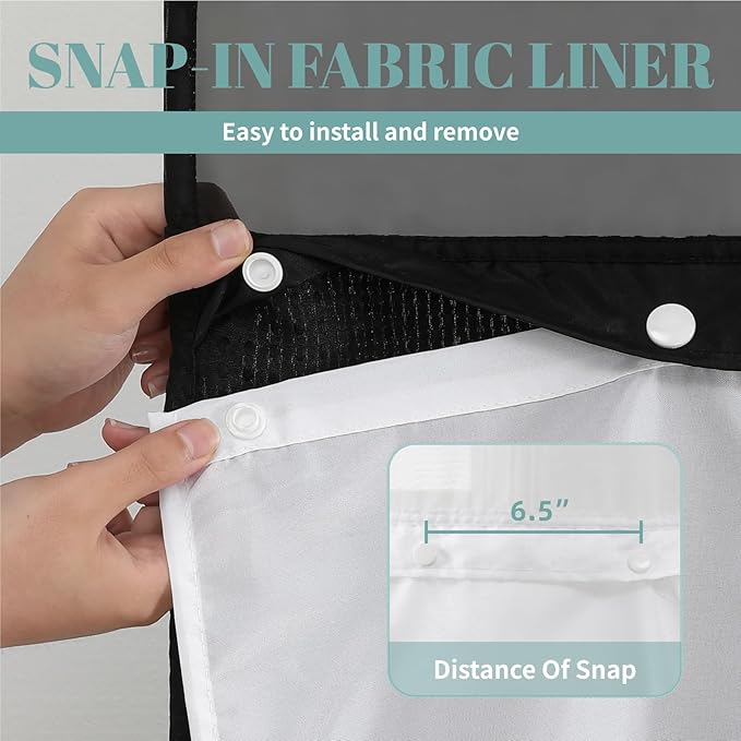 eachope Black Extra Long No Hook Waffle Weave Shower Curtain with snap-in Liner Replacement, 230GSM Waterproof Fabric Hotel Shower Curtain Set for Bathroom, Through Mesh Top Window,71Wx86H