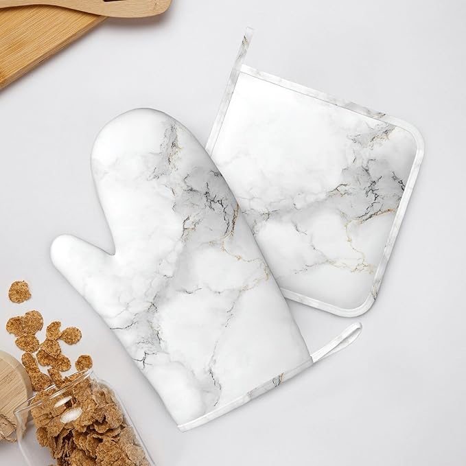 Oven Mitts Pot Holders Set White Marble Gray Silicone Kitchen Gloves Potholders Heat Resistant for Chef Baking Cooking Grilling BBQ 4 Pack Mitt