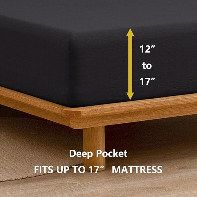 BESTOUCH Sheet Set 100% Washed Cotton Linen Feel Super Soft Comfortable Chic Lightweight 4 Pcs Home Bedding Set Solid Deep Black Cal King