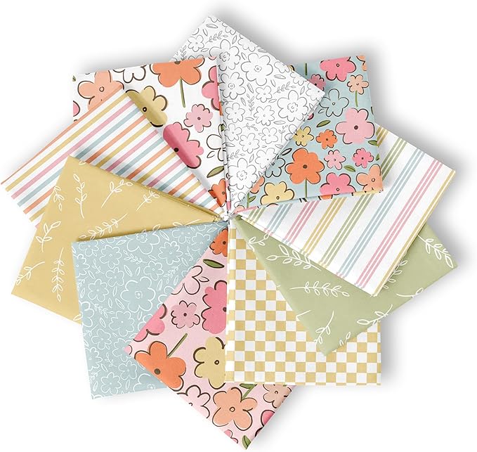 10-Pcs Fat Quarters Fabric Bundles of 100% Soft Cotton, 18" x 22" - Sweet Blooms Floral Fabric Squares for Patchwork, Quilts, Pillow Covers & More - DIY Handmade Crafts & Home Décor