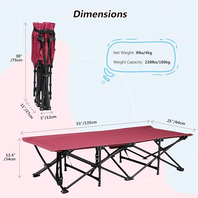 REDCAMP Extra Long Kids Cot for Sleeping 2-7 Years, Portable Travel Toddler Cot Bed with Carry Bag, Lightweight for Outdoor Indoor Home, Wine Red 53''x26''