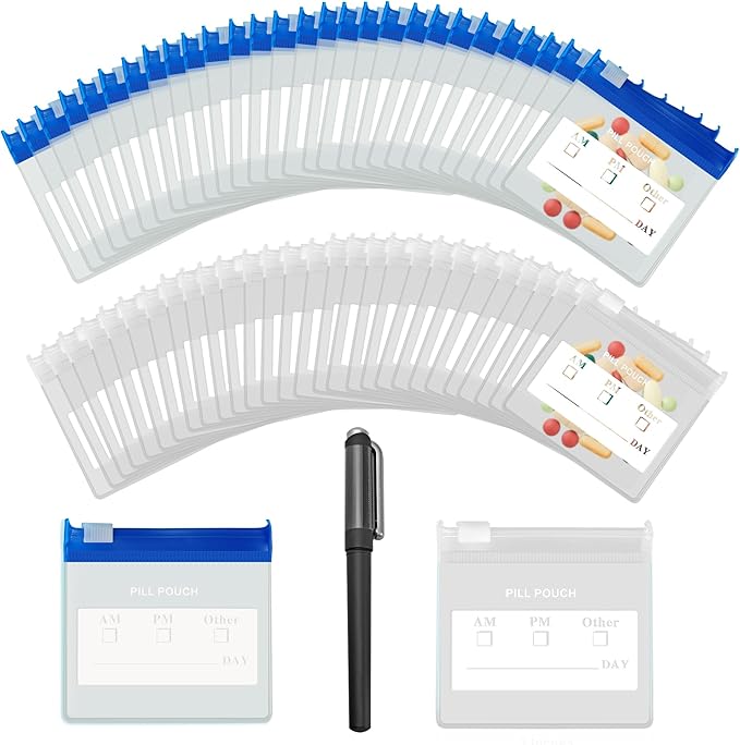 36 Packs Color Pill Pouch Bags 12mil 3 x 2.75 Inch bpa-Free, Frosted Clear EVA Materials, Heavy-Duty Thick Plastic Bags for Travel Medicine Organizer, Jewelry, Small Craft Pieces-Clear+Blue