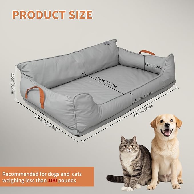 Removable Orthopedic Dog Beds for Large Dogs, Leather Memory Foam Dog Sofa Bed, Waterproof Durable Dogs Bed Couch with Non Skid Bottom for All Pet Sizes (Silver Gray, Medium)