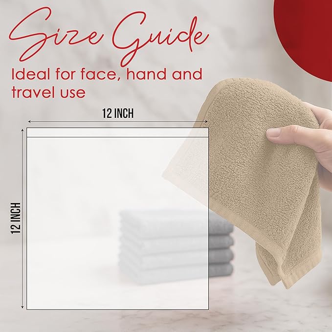 RIVERSIDE 12 Pack Washcloths - 12x12 Inches, 500 GSM, 100% Ring-Spun Cotton - Soft, Absorbent & Durable Face and Body Towels - for Bathroom, Spa, Gym, Makeup Removal & Everyday Use - Tan