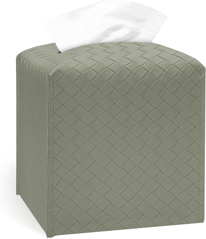 Tissue Box Cover Holder, PU Leather Tissue Box Cover with Braided Pattern, Square Tissue Holder with Bottom Belt, Modern Organizer for Bathroom, Car, Office,(Rock Gray Green, 12 Braided Patterns)
