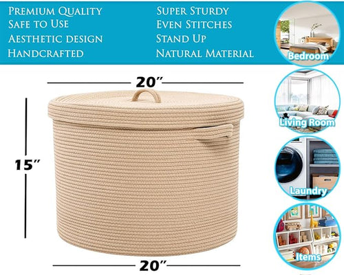 20" x 20" x 15" Extra Large Storage Basket with Lid, Cotton Rope Storage Baskets, Laundry Hamper, Cloth Bin, for Clothes Towels Blankets Pillows Storage in Living Room, All Beige