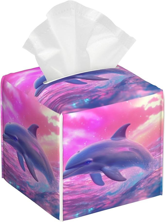 BLYKVGHQ Square Tissue Box Cover Dolphin Jumping Out of The Water Tissue Box Holder Facial Cube Paper Dispenser Leather Decorative Organizer Home Office Desk Decor, 5.2"x5.2"x5.2"