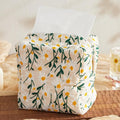 Hausfrau Tissue Box Cover Square Embroidered Jacquard Linen Tissue Holder Case Cube Decorative for Bathroom Vanity Countertop Desk Office, 5.3"x5.3"x5.3", White Daisy