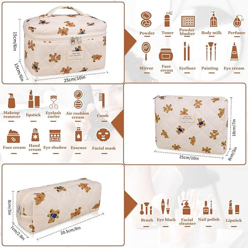 3PC Makeup Bag Set, Quilted Makeup Bag, Large Floral Cosmetic Bag for Women, Cute Cotton Makeup Bags, Flower Travel Toiletry Organizer Bag (Bear)