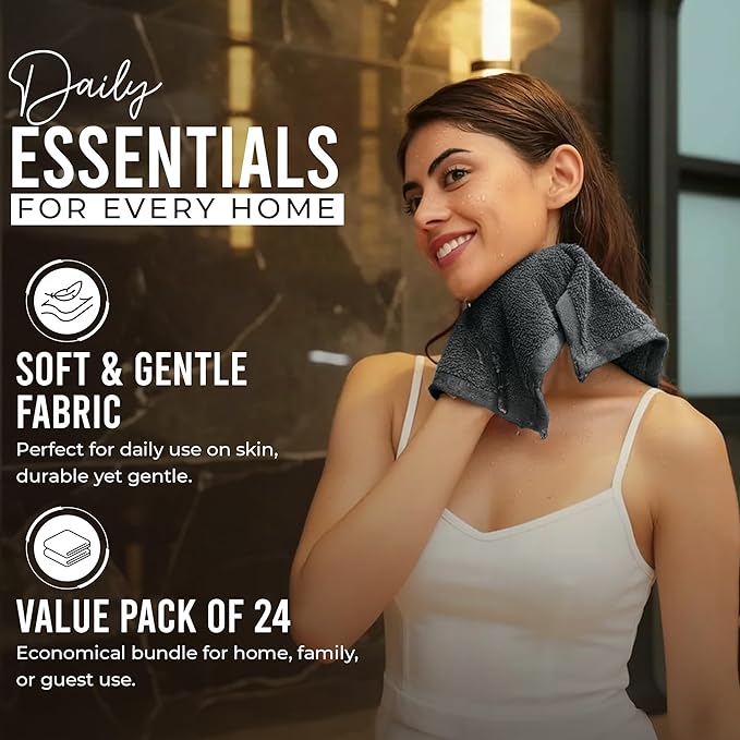 RIVERSIDE 24 Pack Washcloths Set - 100% Cotton [12x12 Inches] - 500 GSM, Soft, Quick-Dry & Highly Absorbent Face Towels - Perfect for Bathroom, Gym, Hotel, Spa & Travel - Grey