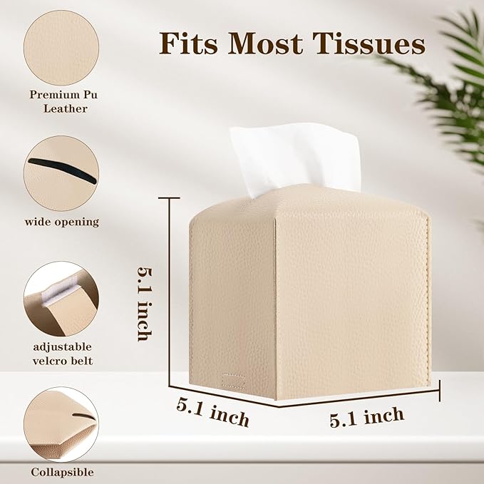 6-Pack Square Tissue Box Cover Holder, Beige PU Leather Decorative Covers for Living Room, Bathroom, Office & Car