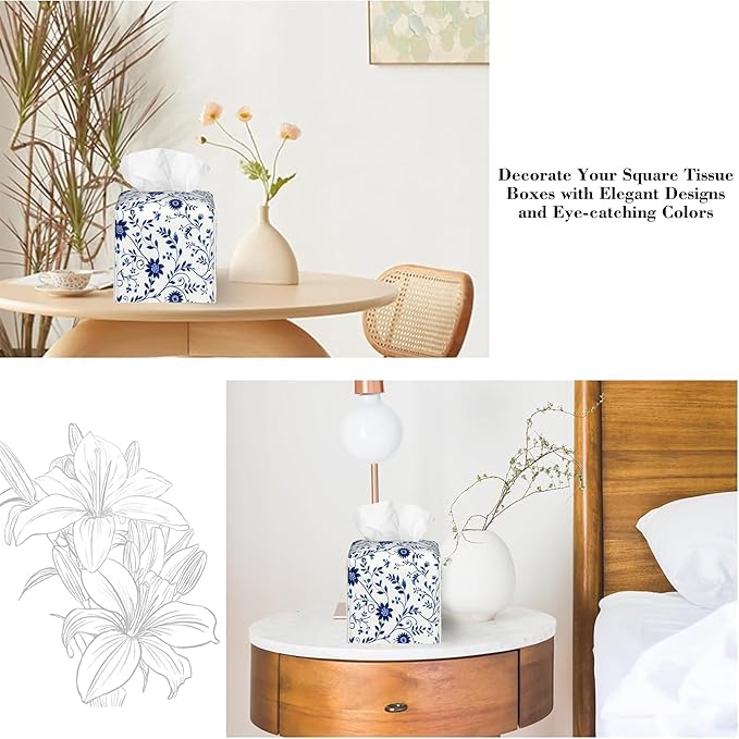 Blue and White Floral Tissue Box Cover,Abstract Boho Flowers Botanical Waterproof Leather Square Tissue Box Cover Case Facial Paper Organizer Dispenser Box Holder for Home Office Bathroom Vanity