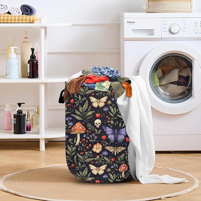 Vintage Mushroom Butterfly Laundry Basket with Sturdy Handles, Collapsible Oxford Cloth Laundry Hamper Organizer Basket for Bathroom Bedroom 15.7x20 Inch