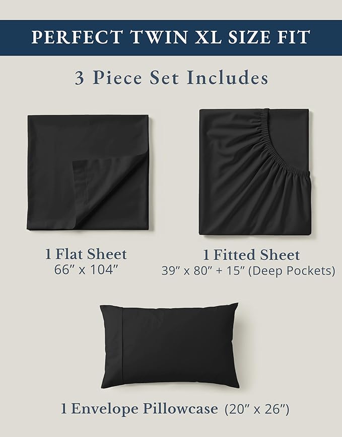 LANE LINEN 100% Organic Cotton Bed Sheets Extra Long Twin, Soft & Comfy Fully Elasticized Percale Perfect for Hospital Bed & Dorm Room, Low Pilling Machine Washable Twin XL Sheet- Black
