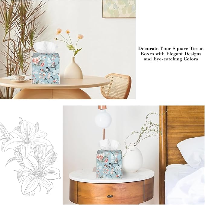 Pink Flowers Birds Tissue Box Cover,Watercolor Floral and Bird Waterproof Leather Square Tissue Box Cover Case Facial Paper Organizer Dispenser Box Holder for Home Office Bathroom Vanity Countertop