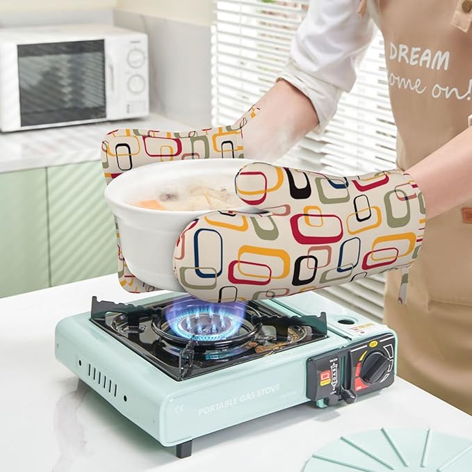 Mid Century Modern Retro Oven Mitts and Pot Holders Set of 4 Silicone Abstract Kitchen Mitten Gloves and Non-Slip Potholders Set Heat Resistant Oven Gloves Hot Holders for Kitchen