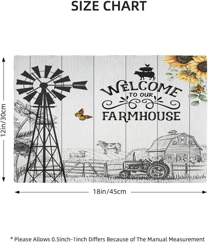 Farm Placemats, Vintage Rustic Farmhouse Wooden Plank Cow Sunflower Tractor Windmill Butterfly Print Washable Fabric Placemats Table Kitchen Dining Party 12x18 Inch Set of 6