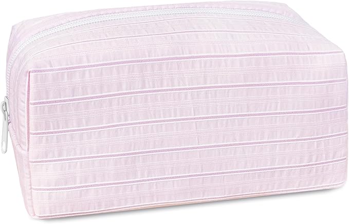STARDW Striped Cotton Makeup Bag, Cute Cosmetic Pouch with Canvas Lining & Zipper, Travel Toiletry Bag