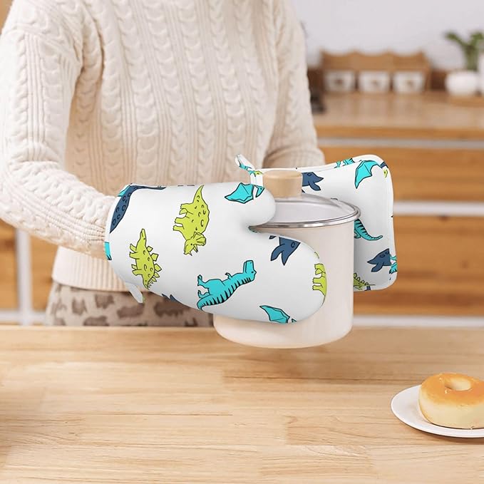 Cartoon Cute Dinosaur Oven Mitts and Pot Holders Sets, Home Silicone Heat Resistant BBQ Gloves for Kitchen Baking Cooking Grilling Microwave