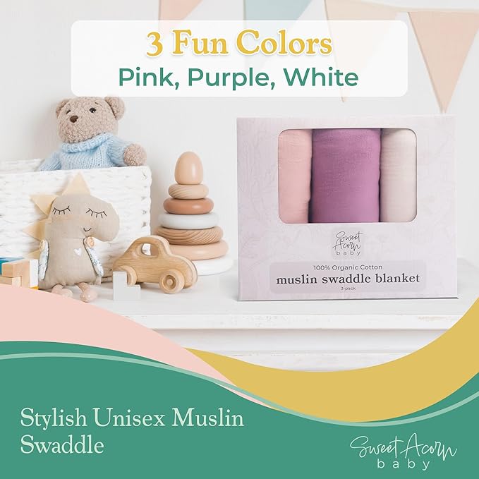 Sweet Acorn Muslin Swaddle Blanket – Soft Cotton Muslin Baby Blanket for Newborns, Infants, and Toddlers, All-Season Comfort Baby Essential - Pink, Purple, White