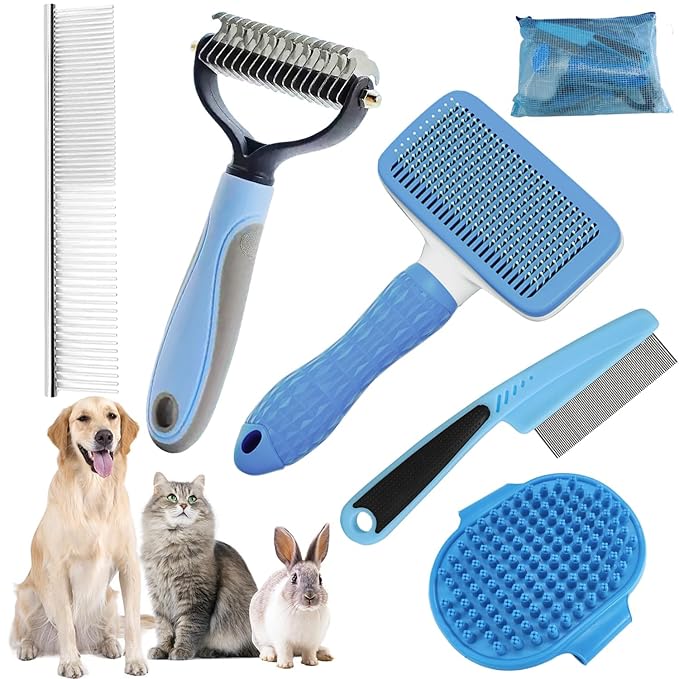 KUEIOX Dog Brush for Shedding,6 PCS in One Pet Slicker Hair Brush Kit Organizer Bag - Dog Cat Grooming Deshedding Undercoat Rake Brush Comb for All Small Large Dogs Cats Blue