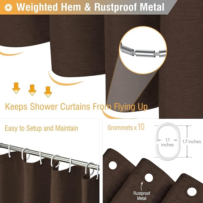 BTTN Fabric Shower Curtain, Linen Textured Heavy Duty Polyester Cloth Shower Curtain Set with Plastic Hooks, Brown, 60" W x 72" L (Pack of 1)
