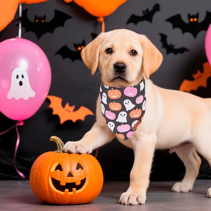 PTDECOR Halloween Dog Bandana, Cute Ghost Pumpkin Design Reversible Holiday Pet Scarf, Premium Durable Fabric, Adjustable Pink Black Halloween Bandanas for Small Dogs Puppies Cats(Small)