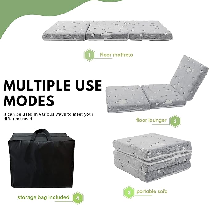 MeMoreCool Glow Star Kids Foldable Floor Mattress Mat with Carry Bag, 3-in-1 Tri-Fold Futon, Soft Plush Glow Cover, Portable for Travel, Grey 63x26 Inch